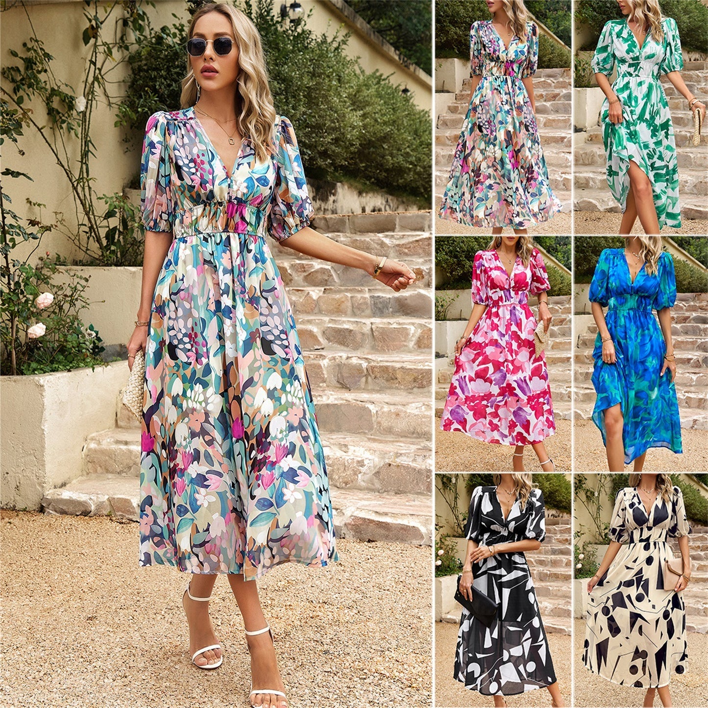 Dresses with summer style, waist cinched V-neck printed long skirt