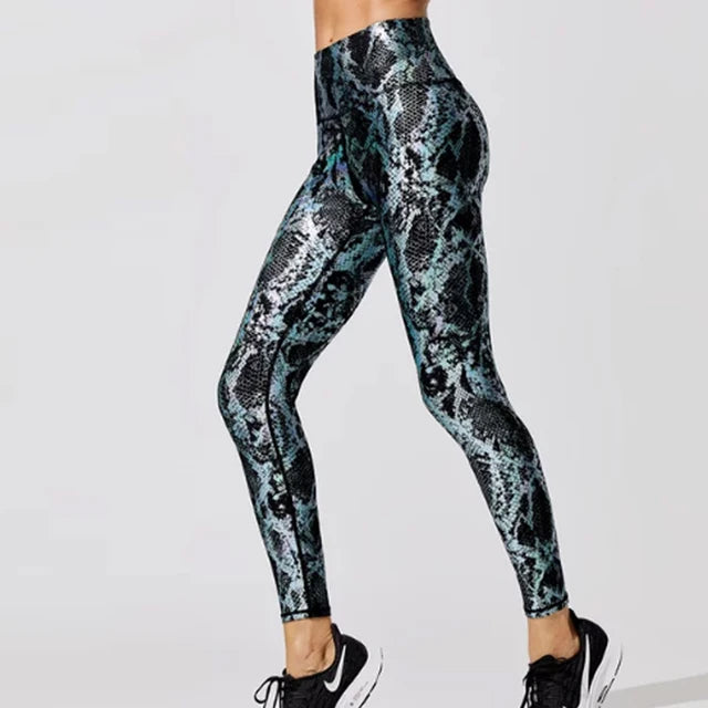 Women ‘s Retro Metallic Snake Gym Leggings Blue Silver Shiny Legging Fitness Bottom Workout Yoga Pants High Rise Sports Wears