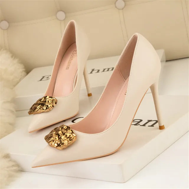 High Heels Women Pumps Autumn Soft Leather Stiletto Sexy Party Shoes  Black Ladies Pointed Metal Buckle Work Shoes