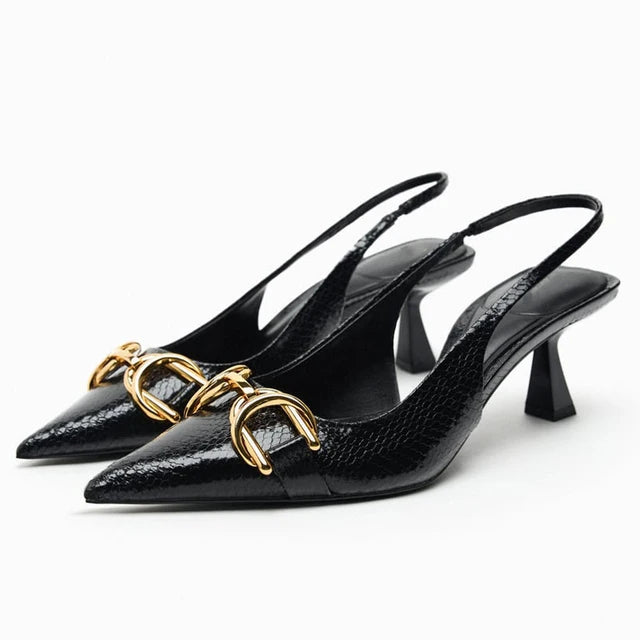 Black Pumps Elegant Woman High Heels Metallic Leather High-heeled Stilito Heel Pointed Toe Slingback Summer Lady Shoes