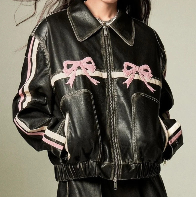 European and American Spring Women's Leather Jacket Personalized Street Sweet Cool Bow PU Motorcycle Leather Jacket Jacket