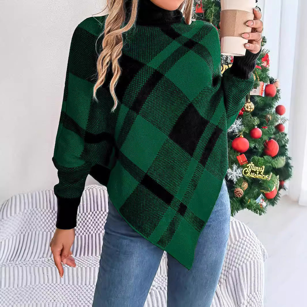 Women's autumn and winter Christmas fashion casual contrast color plaid high collar long sleeve cape sweater