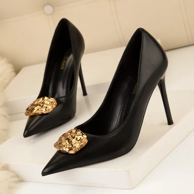 High Heels Women Pumps Autumn Soft Leather Stiletto Sexy Party Shoes  Black Ladies Pointed Metal Buckle Work Shoes