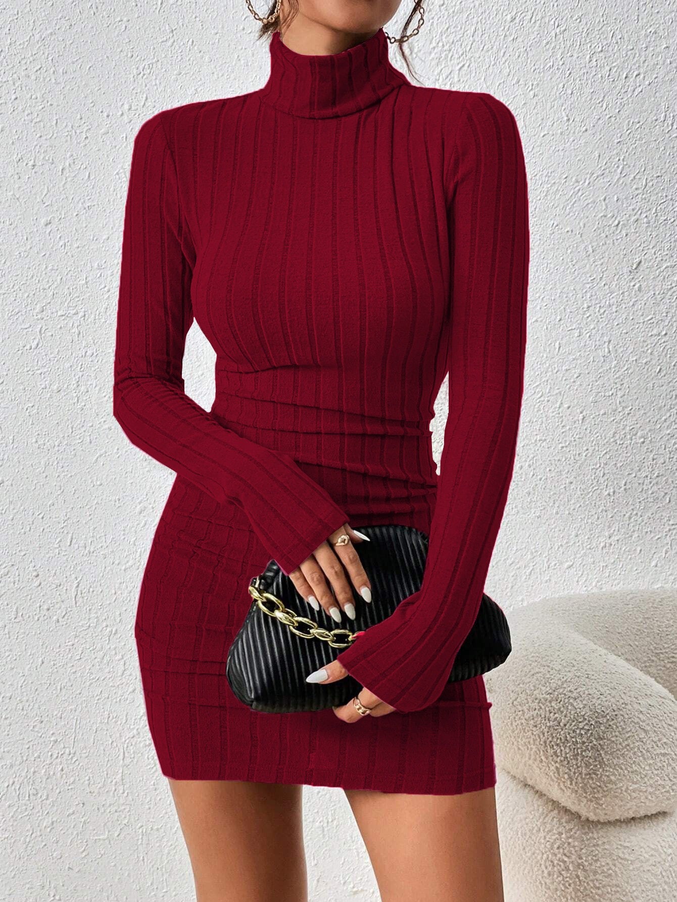 European and American queen style wine red dress, autumn and winter simple high neck versatile short skirt