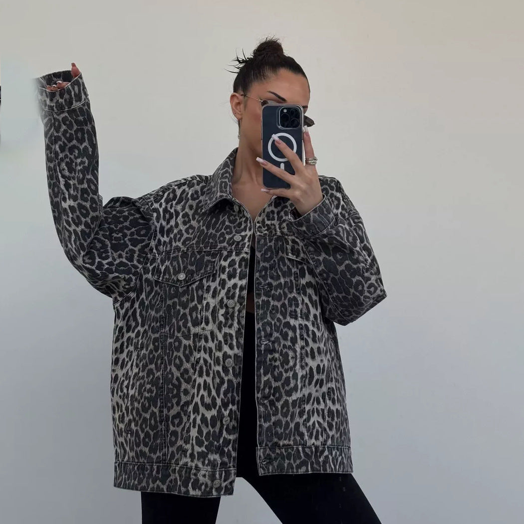 Street casual leopard print denim jacket for women, spring style, loose pocket, button fashion, retro denim jacket, mid length