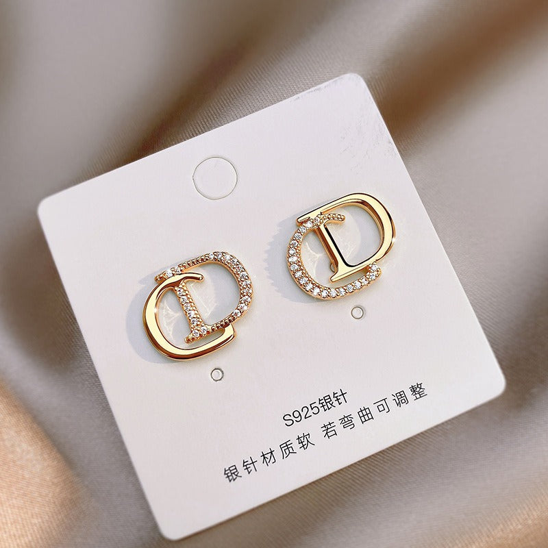 CD earrings for women silver needle versatile letter earrings