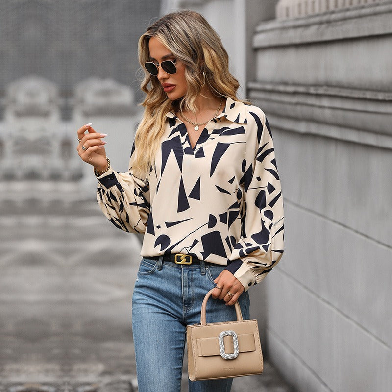 Spring and Autumn Hot selling European and American Fashion Women's Long sleeved Printed Shirt