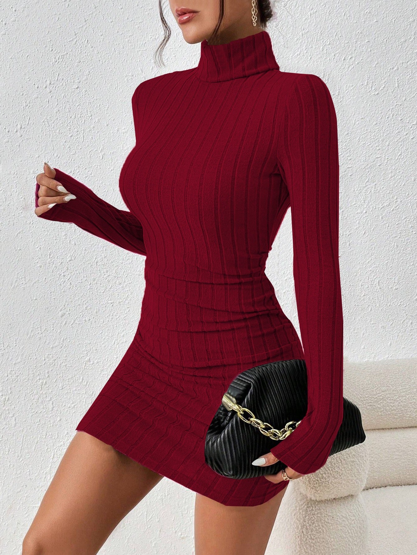 European and American queen style wine red dress, autumn and winter simple high neck versatile short skirt