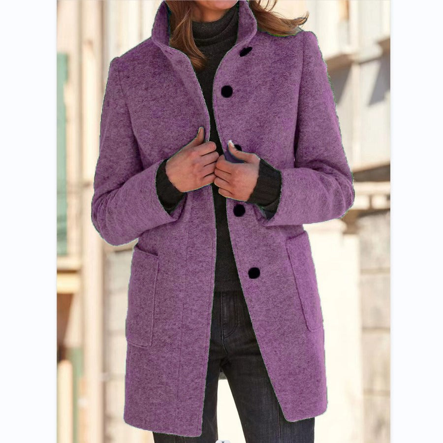 Autumn and Winter Women's New Retro Solid Button Standing Neck Woolen Coat