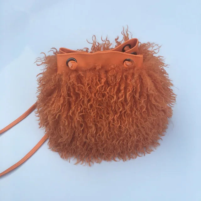 Long Fur Wool Bucket Bag Women  Luxury Mongolian Sheep Fur Bag Beach Faux Wool Fur One Shoulder Sling Handbag