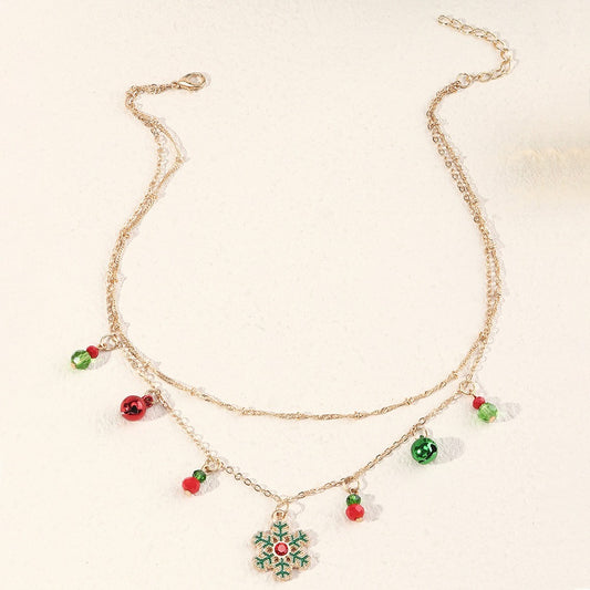 Holiday Jewelry New Fashion Christmas Bell Snowflake Necklace Double Layer Clavicle Chain Female