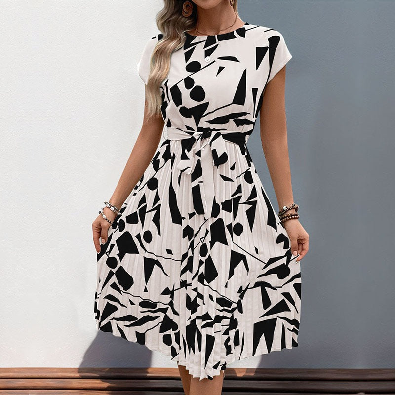 European and American summer women's geometric pattern printed pleated dress