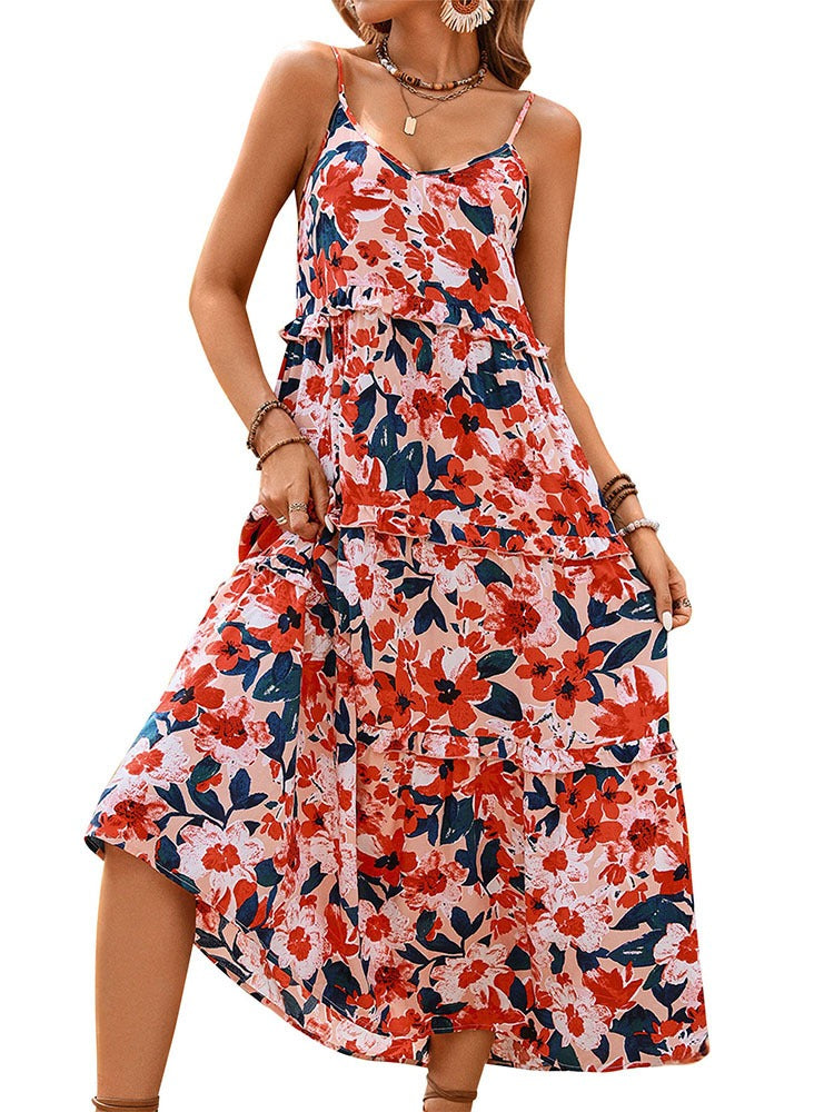 European and American summer women's high-end printed vacation suspender dress