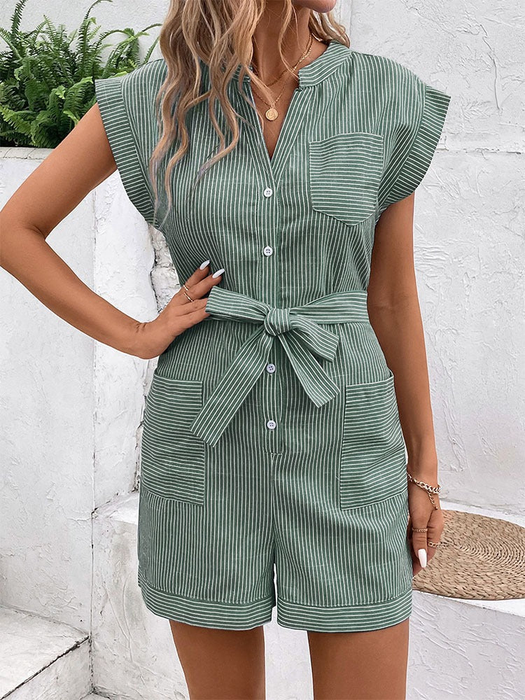 New European and American summer women's slim striped short sleeved jumpsuit shorts