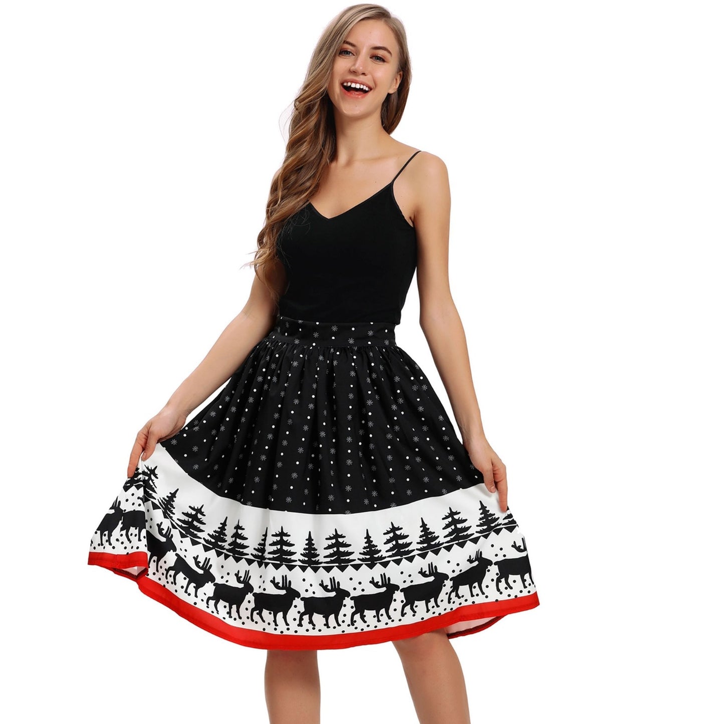 skirt women's ladies Christmas print knee-length skirt stretch high waist wild Christmas party sexy skirt