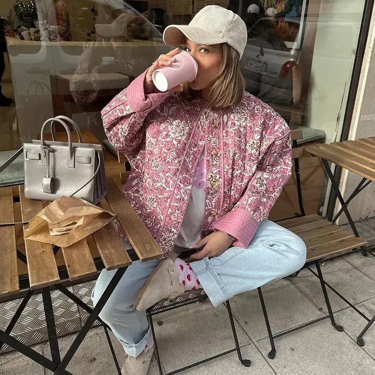 Spring Lady Elegant Printed Quilted Coat Women Fashion O Neck Single Breasted Coats Female Vintage Streetwear Jacket