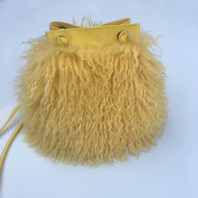 Long Fur Wool Bucket Bag Women  Luxury Mongolian Sheep Fur Bag Beach Faux Wool Fur One Shoulder Sling Handbag