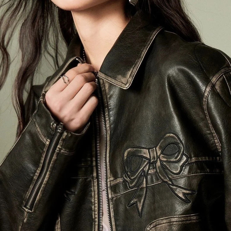 European and American Spring Women's Leather Jacket Personalized Street Sweet Cool Bow PU Motorcycle Leather Jacket Jacket