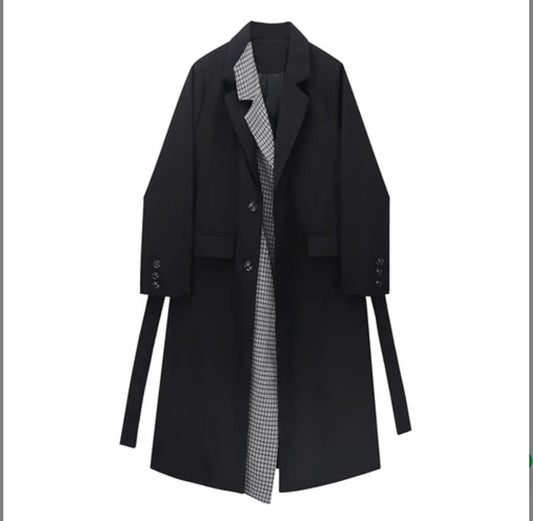 SuperAen Vintage Trench Coat Plaid Single-breasted Stitching Loose Temperament Coat Woman Black Coats for Women