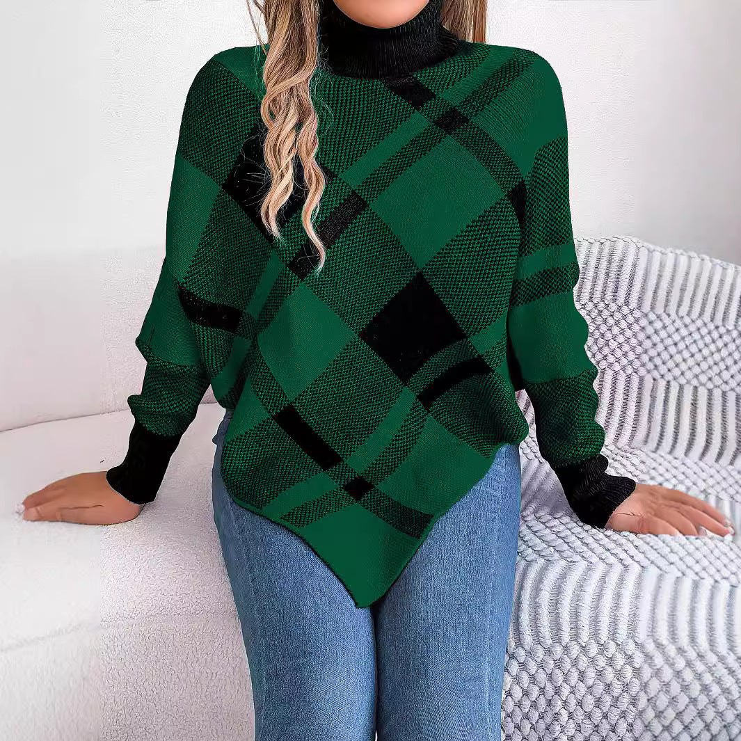 Women's autumn and winter Christmas fashion casual contrast color plaid high collar long sleeve cape sweater