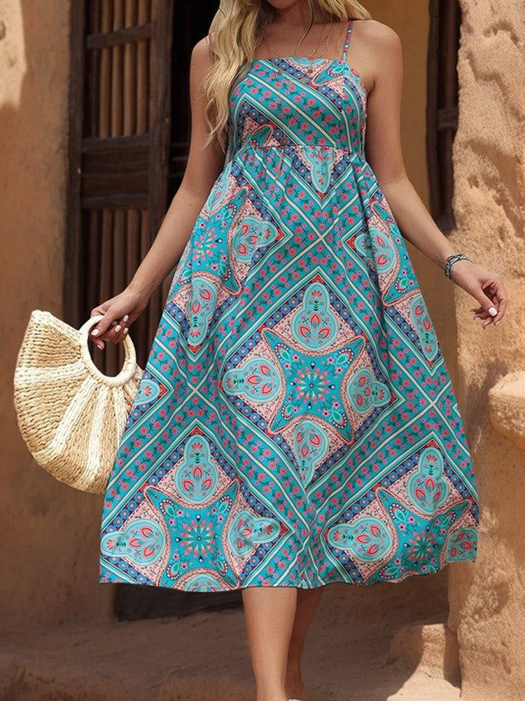 New European and American Summer Women's Ethnic Style Printed Strap Dress