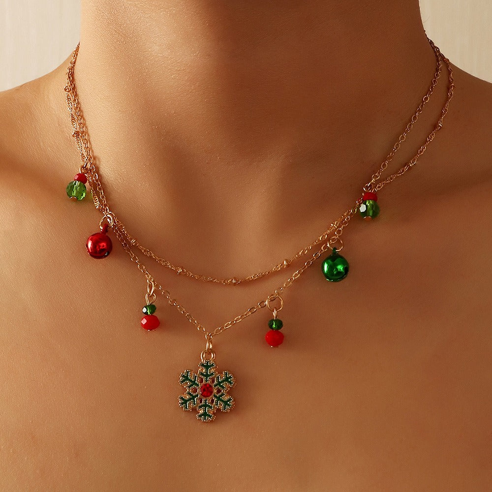 Holiday Jewelry New Fashion Christmas Bell Snowflake Necklace Double Layer Clavicle Chain Female