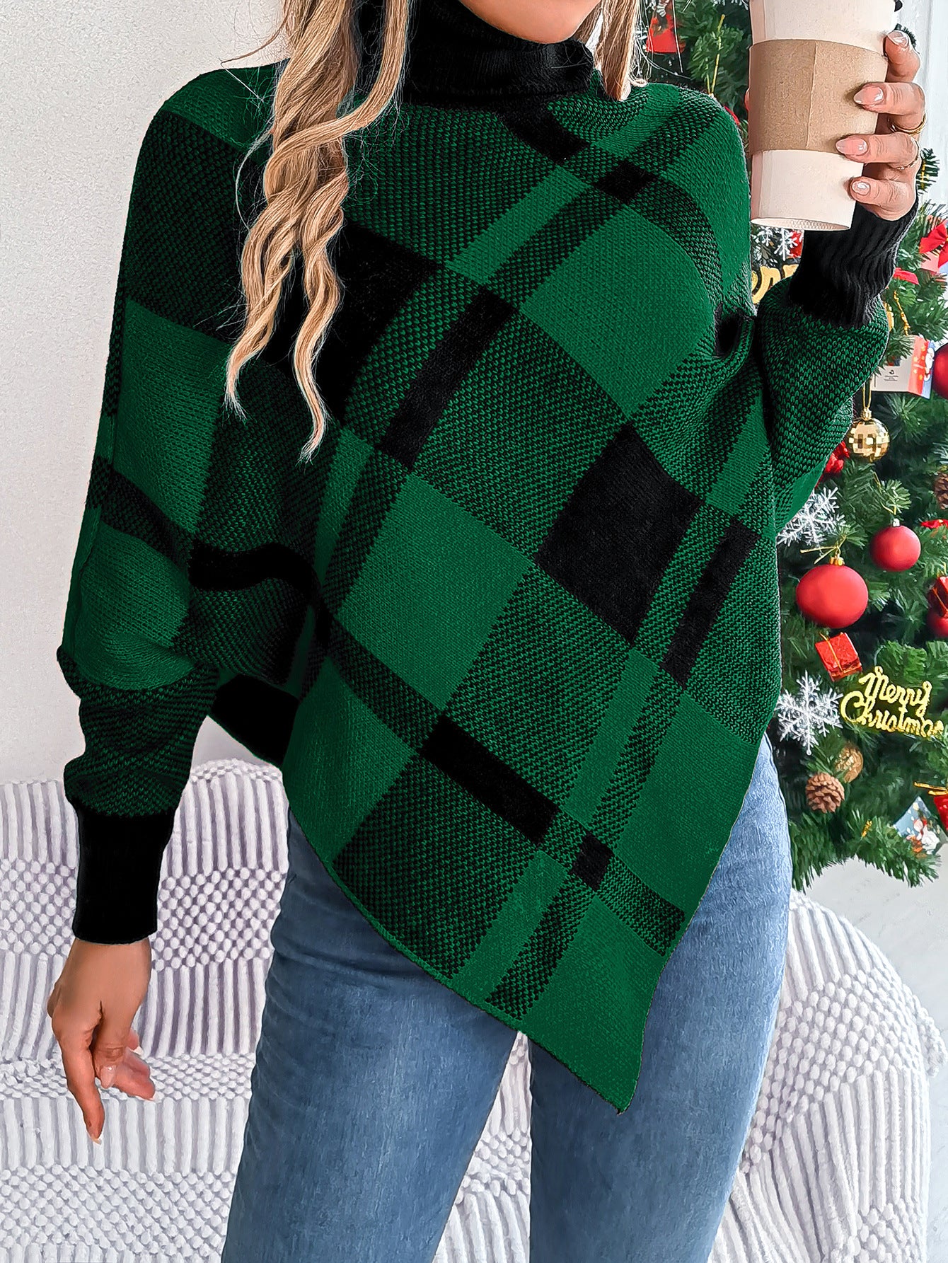 Women's autumn and winter Christmas fashion casual contrast color plaid high collar long sleeve cape sweater