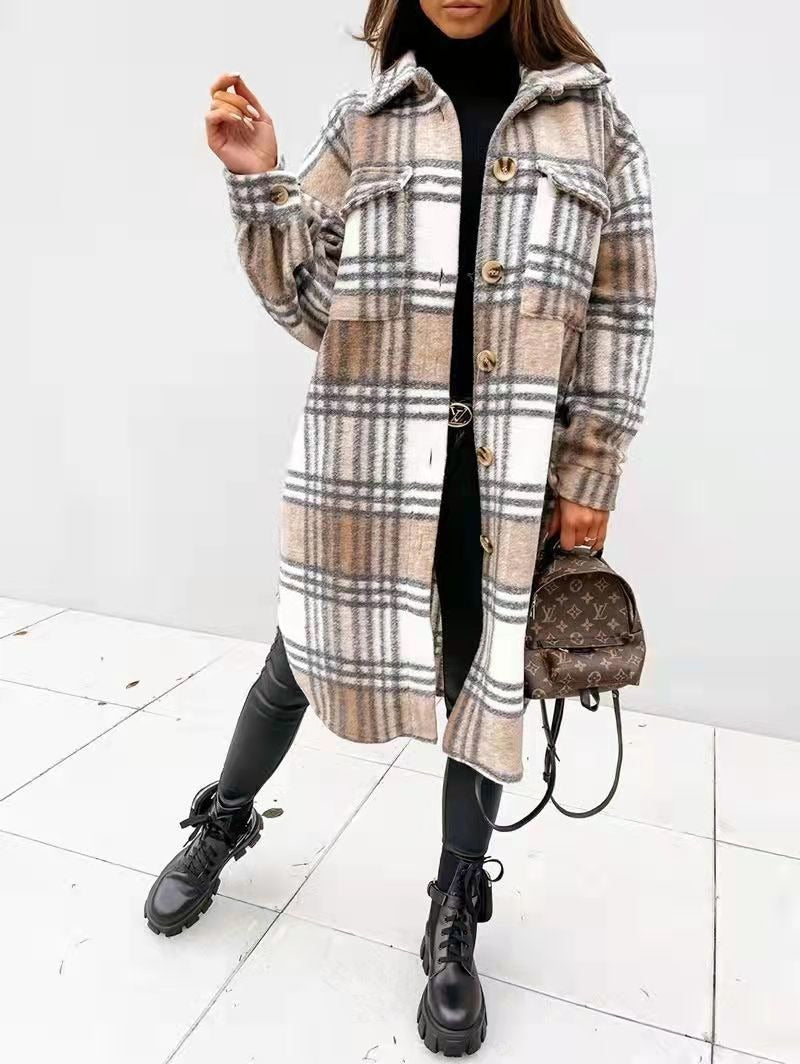 Spring And Autumn New Women's Plaid Brushed Medium Long Woolen Coat