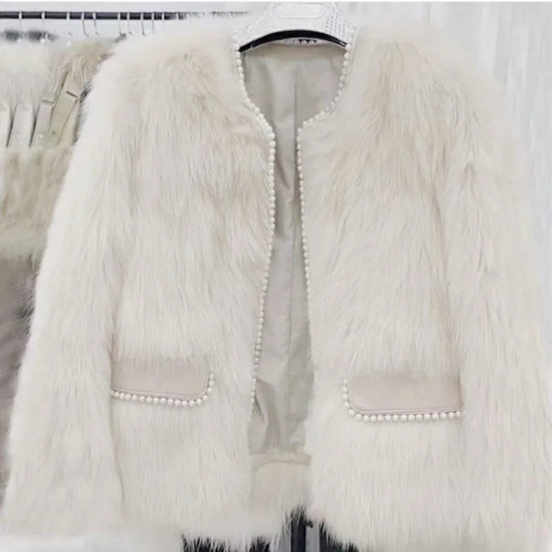 Autumn Winter Thicken Faux Fur Coat High Quality Pearl Fur Coat Slim Elegant Faux Fur Cardigan Women Warm Luxury Outerwear Coat