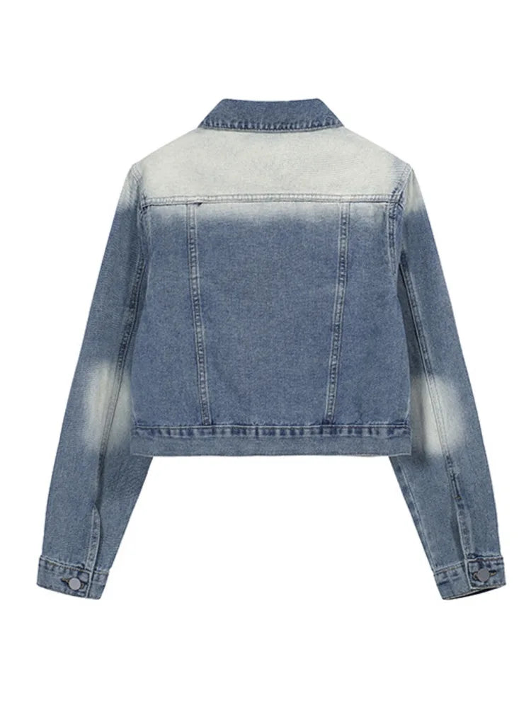 Women's Denim Coat Patchwork Washed Blue  Old Long Sleeve Thin Single Breasted Jackets