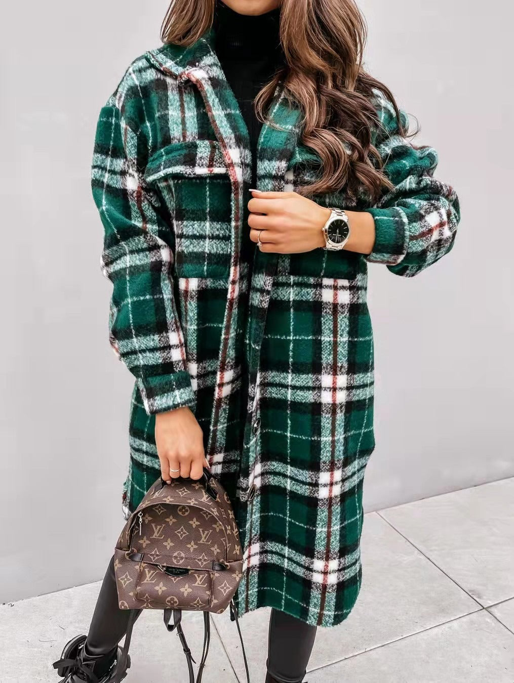 Spring and Autumn New Women's Checkered Brushed Medium length Woolen Coat