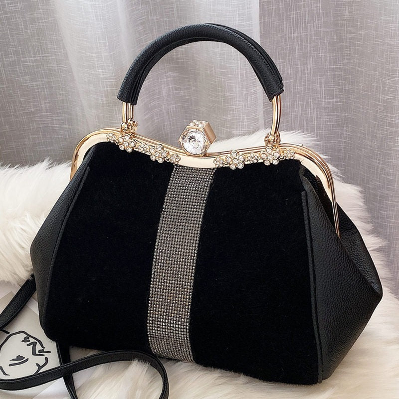 V Women's Handheld Bag  Autumn/Winter Versatile Diamond Inlaid Imitation Horse Hair Handheld Bag, Magnificent One Shoulder Clip Bag