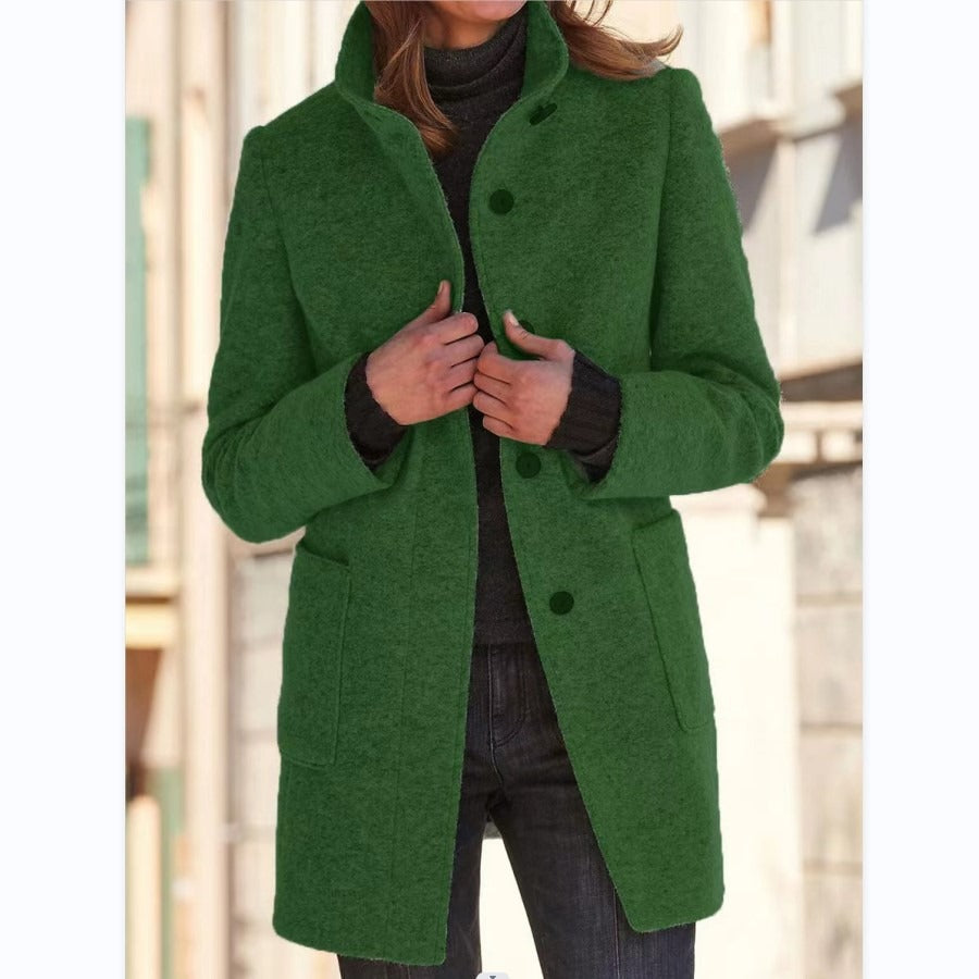 Autumn and Winter Women's New Retro Solid Button Standing Neck Woolen Coat