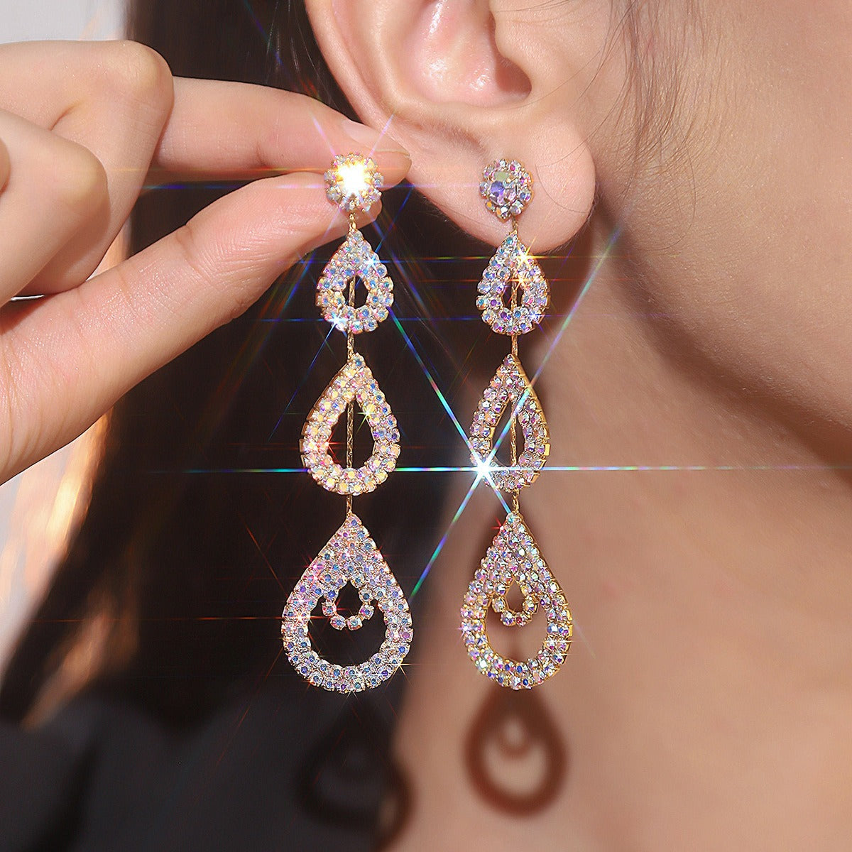 Personalized exaggerated super sparkling AB rhinestone long earrings women's drop ear jewelry