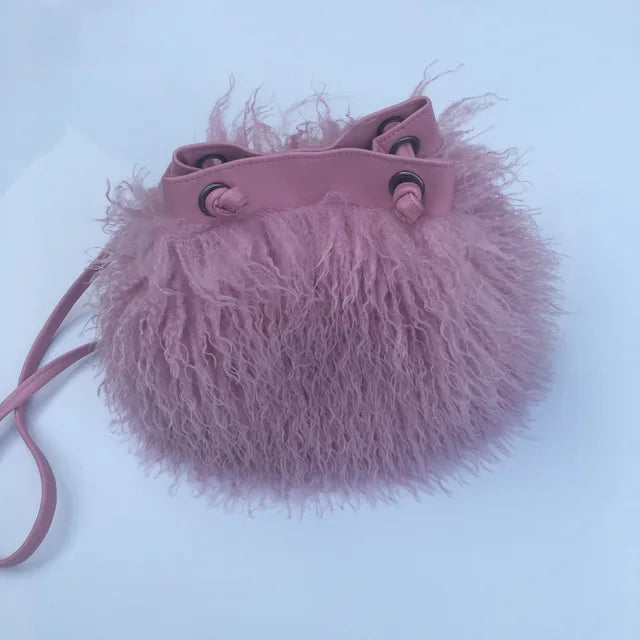 Long Fur Wool Bucket Bag Women  Luxury Mongolian Sheep Fur Bag Beach Faux Wool Fur One Shoulder Sling Handbag