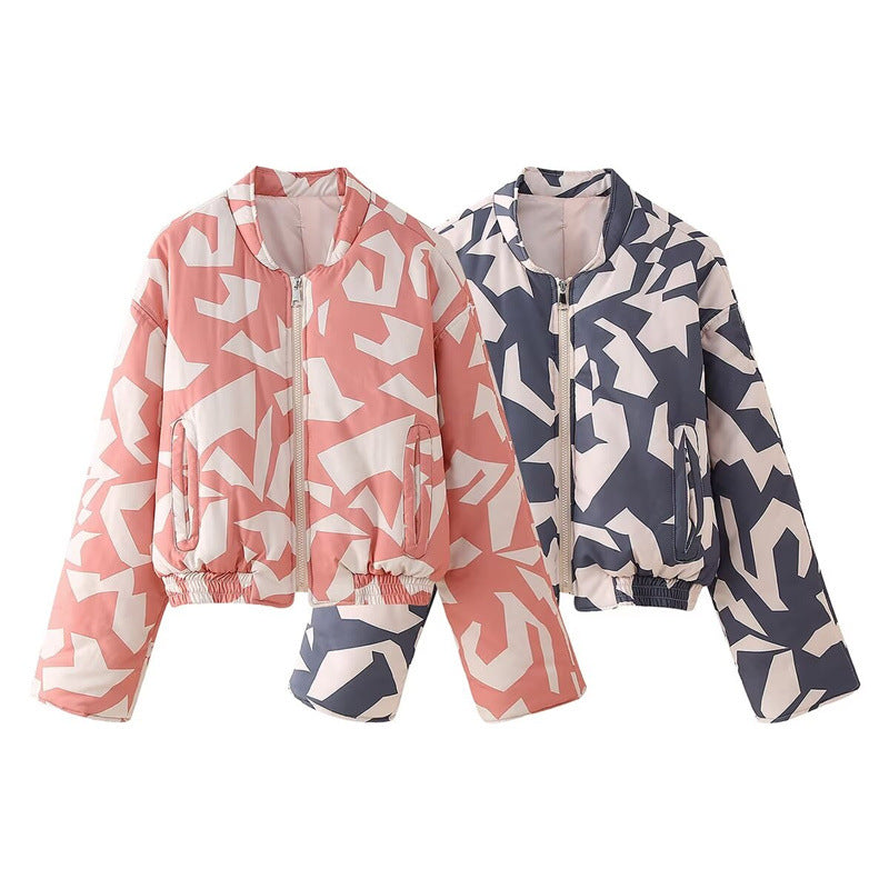 Women's street fashion casual round neck printed zipper cotton jacket