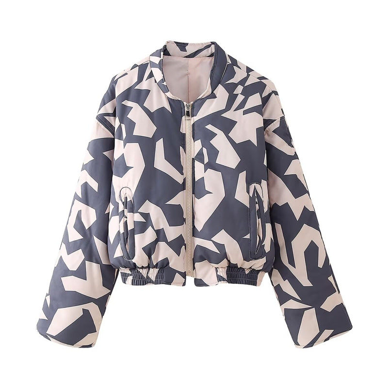Women's street fashion casual round neck printed zipper cotton jacket