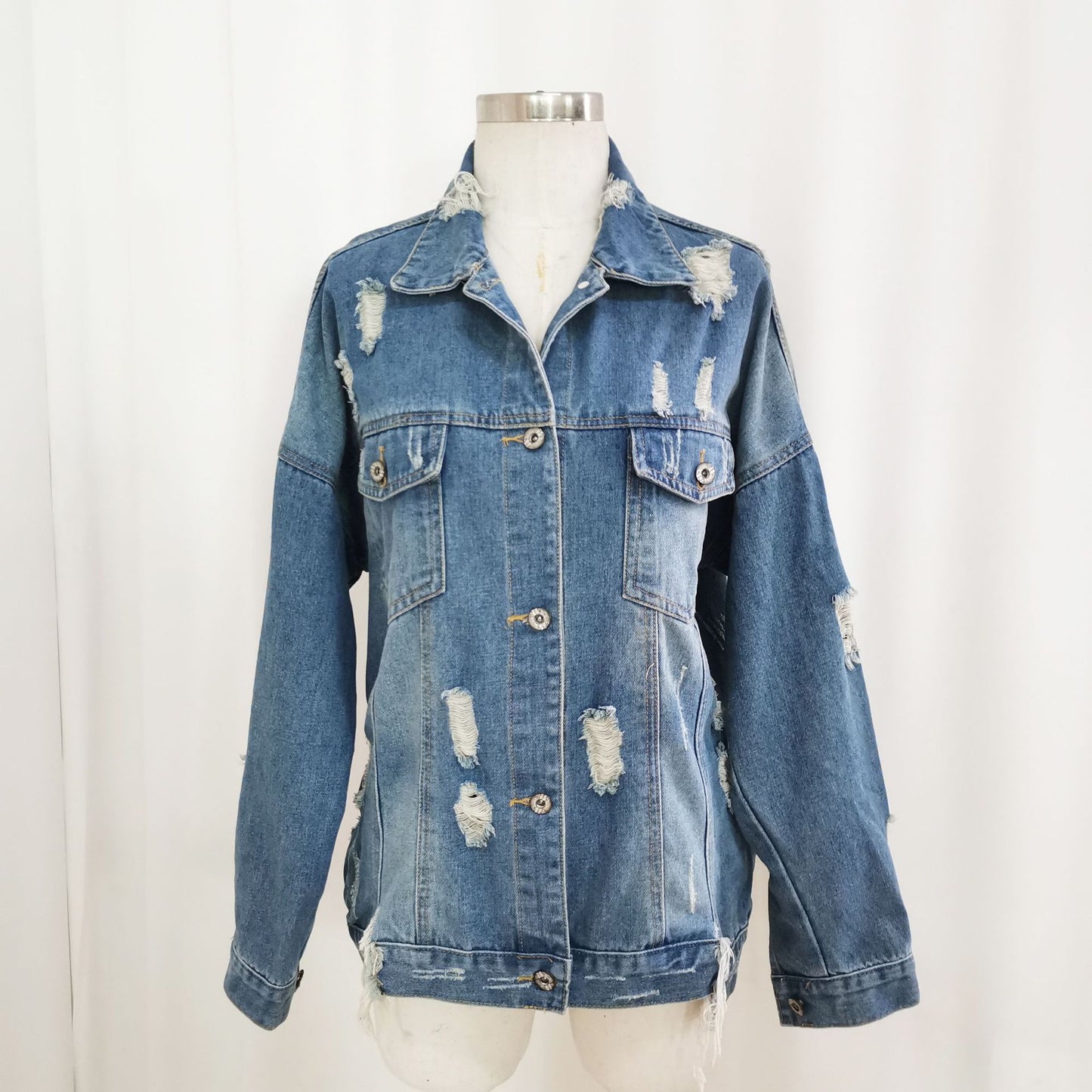 Basic Coat Bombers Vintage Fabric Patchwork Denim Jacket Women Cowboy Jeans  Autumn Frayed Ripped Hole Jean Jacket