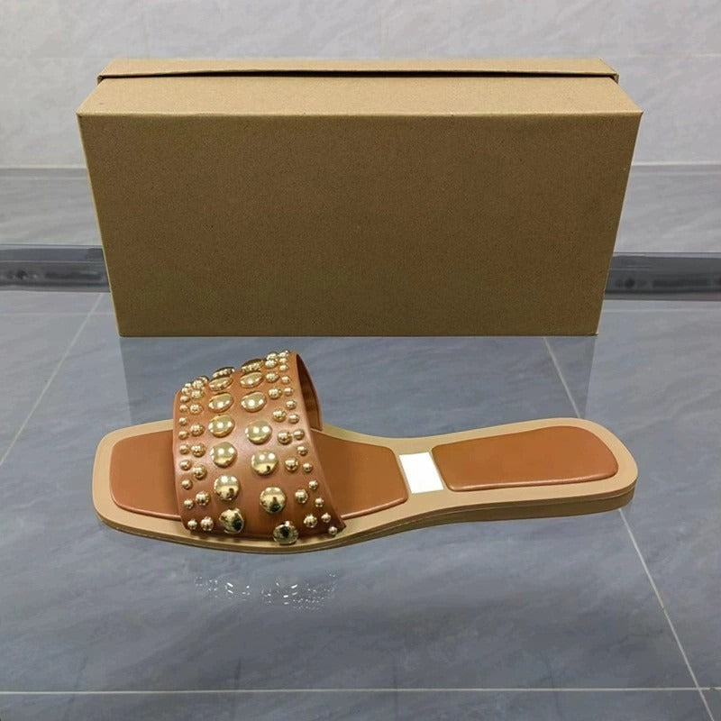 Flat sandals square toe open toe slippers with transparent rubber rivets