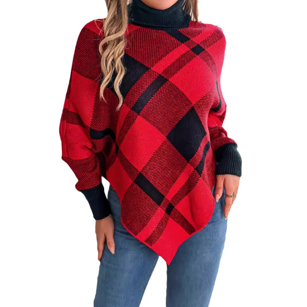 Women's autumn and winter Christmas fashion casual contrast color plaid high collar long sleeve cape sweater