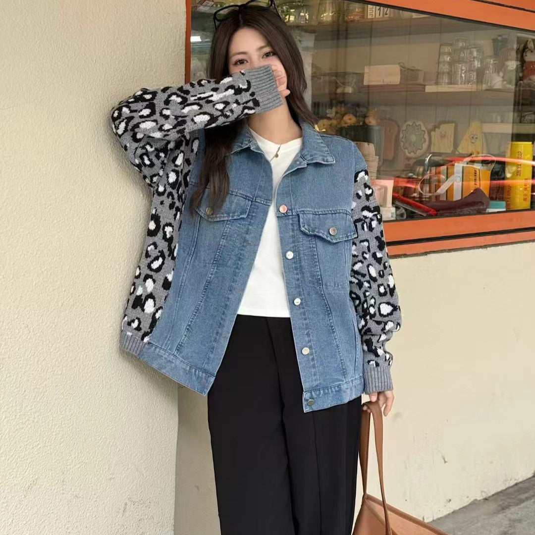 American style niche autumn new design sense leopard print retro denim patchwork fashion sweater women's coat