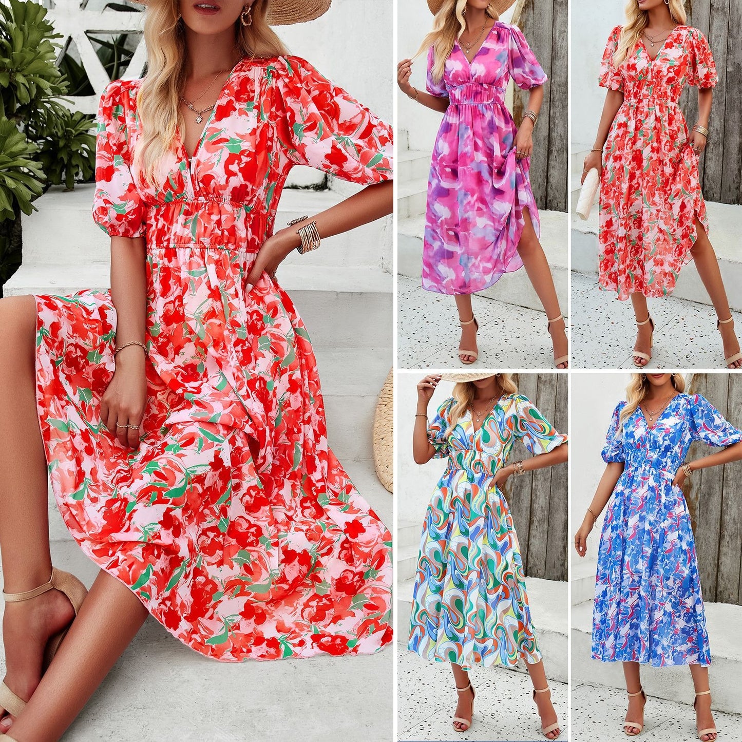 Spring/summer holiday casual print V-neck dress with waist tucked in