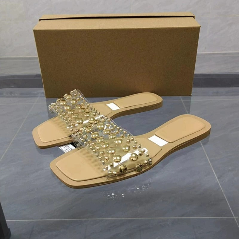 Flat sandals square toe open toe slippers with transparent rubber rivets