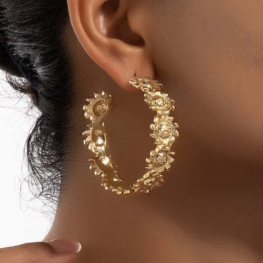 European and American retro exaggerated sunflower fashion temperament golden C-shaped earrings