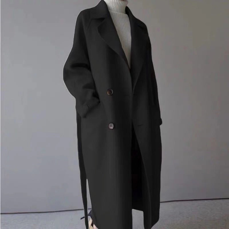 New medium length loose cashmere woolen coat for women's Hepburn style knee length woolen coat