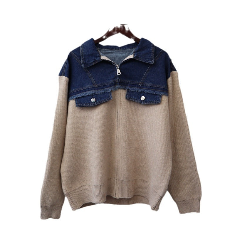 Splicing denim knit cardigan, loose casual versatile zipper sweater jacket, women's fashion