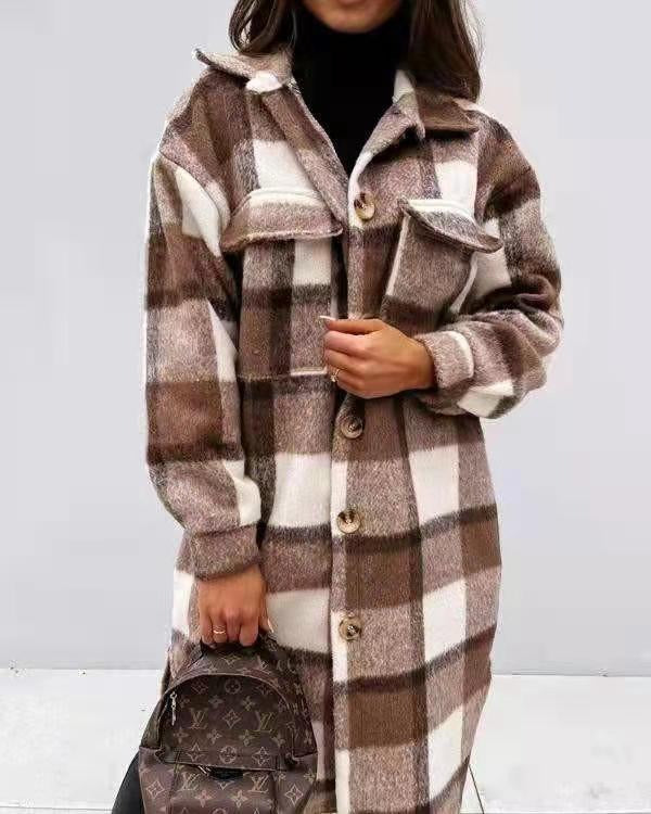 Spring and Autumn New Women's Checkered Brushed Medium length Woolen Coat