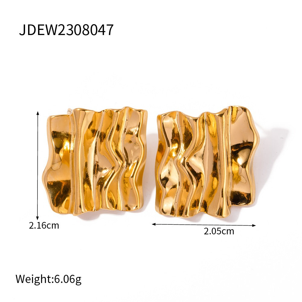 Rectangular pleated earrings, retro personalized exaggerated golden ripple earrings for women