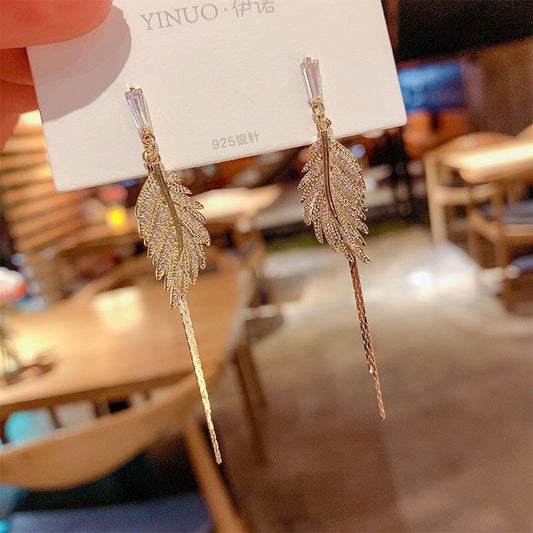 925 Silver Needle Stud Earrings Women's Long Fashion Earrings Tassel Earrings New Trendy Leaf Earrings