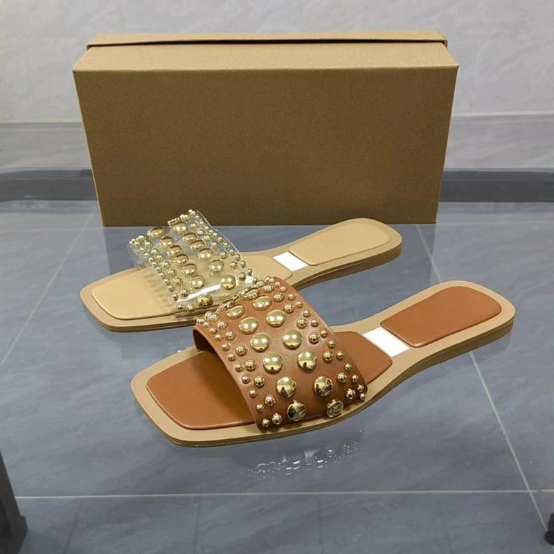 Flat sandals square toe open toe slippers with transparent rubber rivets